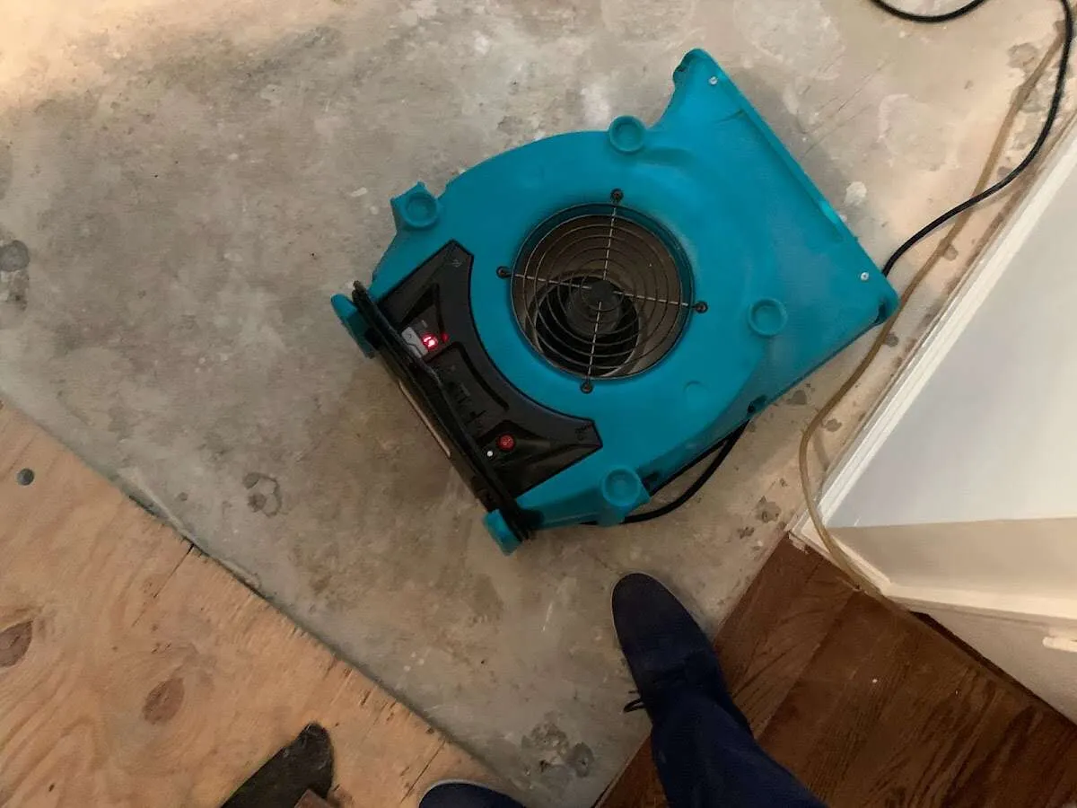 Air mover drying subfloor during Leak Detection & Repair in Colchester